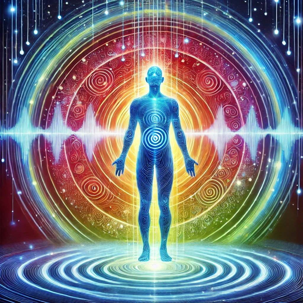 DALL·E 2024-07-11 11.49.00 – A visual representation of the healing effects of 528Hz frequency on the human body. Show a person with waves of sound, represented by concentric circ